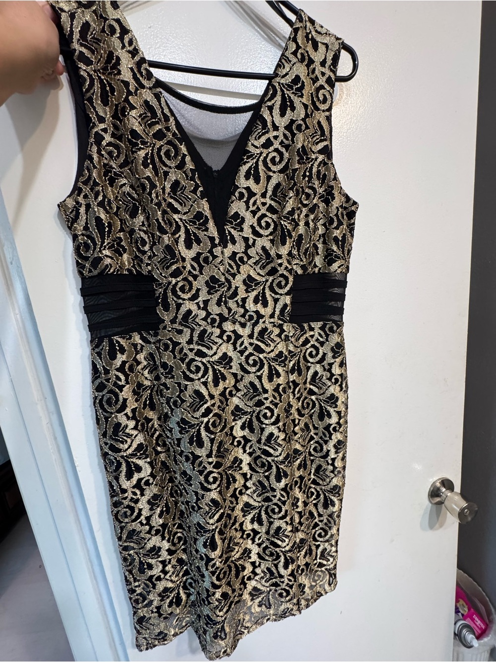 Black & Gold Lace-Overlay Mini Dress with V-Neck size 12